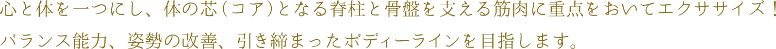 心と体を一つにし、体の芯(コア)となる脊柱と骨盤を支える筋肉に重点をおいてエクササイズ!バランス能力、姿勢の改善、引き締まったボディーラインを目指します。